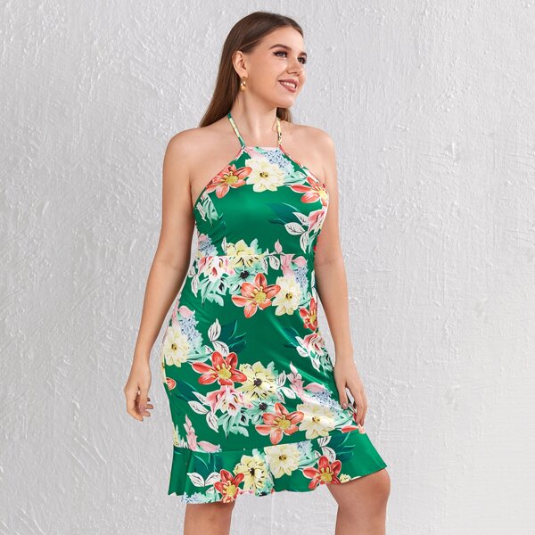 

Plus Floral Print Tie Back Halter Dress, Multicolor