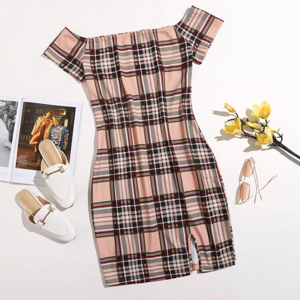

Plus Off Shoulder Slit Hem Tartan Print Dress, Multicolor