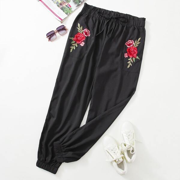 

Plus Floral Embroidered Paper Bag Waist Pants, Black