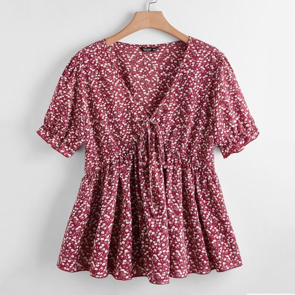 

Plus Ditsy Floral Ruffle Hem Blouse, Burgundy