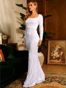 LOVE&LEMONADE Rochie de bal sirena cu paiete cu decolteu patrat