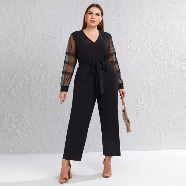 

Plus Contrast Mesh Sleeve Surplice Belted Jumpsuit, Black