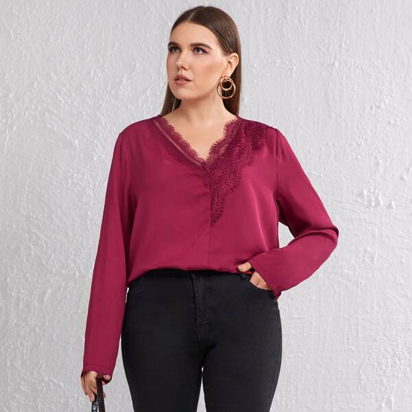 

Plus Eyelash Lace Trim Solid Top, Rose red