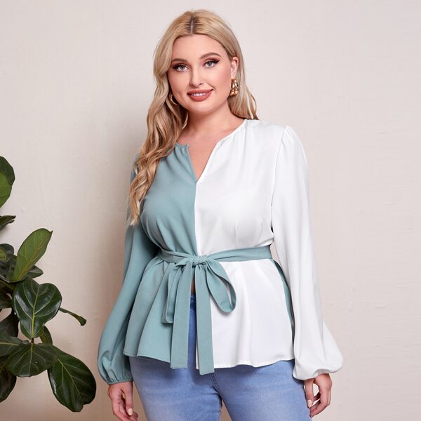 

Plus Notched Neck Colorblock Belted Top, Multicolor