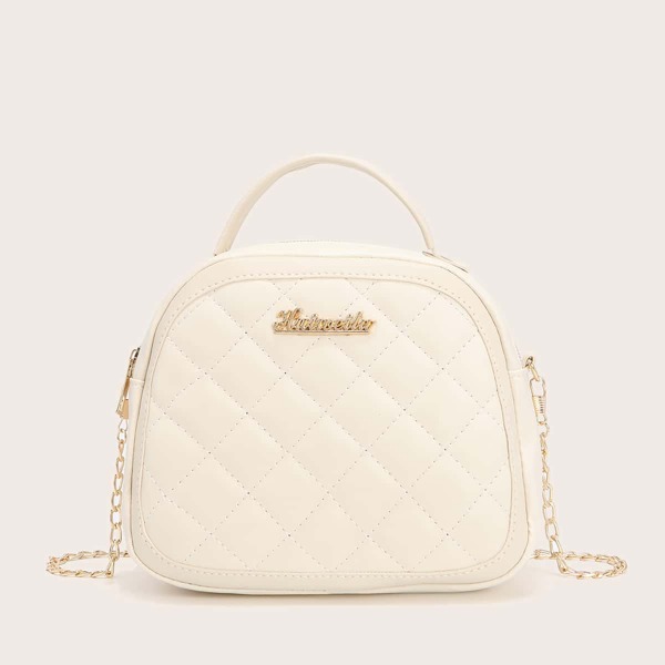 

Metal Letter Decor Quilted Dome Bag, Beige