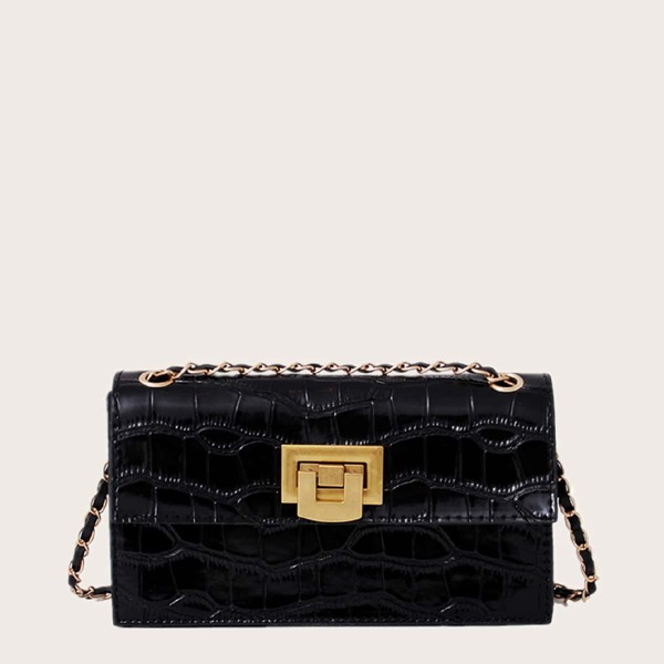 

Metal Lock Croc Embossed Shoulder Bag, Black