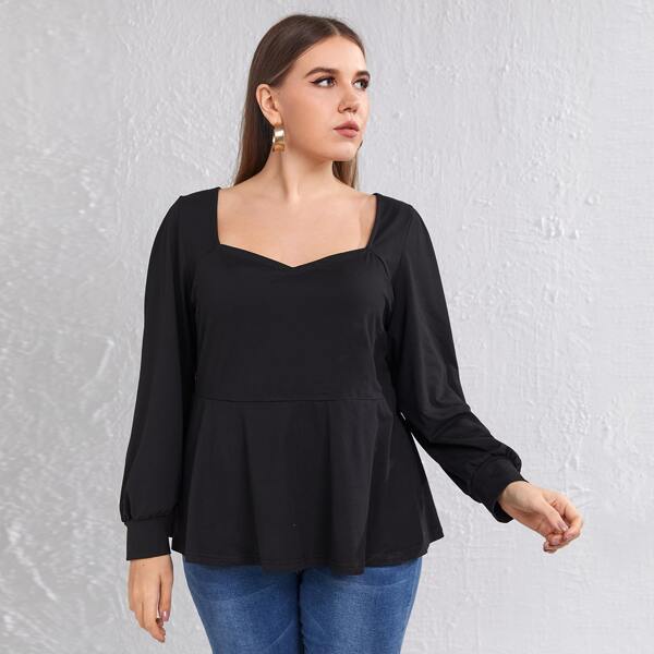

Plus Sweetheart Neckline Ruffle Hem Blouse, Black
