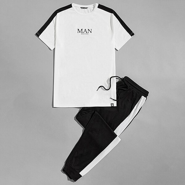 

Men Contrast Sideseam Letter Graphic Top & Joggers Set, Black and white