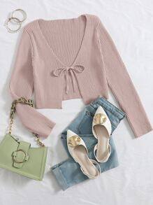 SHEIN Qutie Tie Front Rib-knit Cardigan - Baby Pink - View 1
