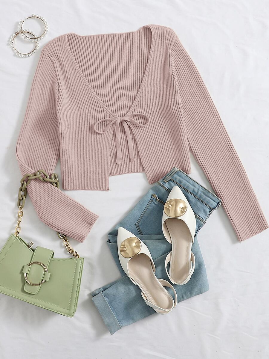 SHEIN Qutie Tie Front Rib-knit Cardigan - Baby Pink - View 1