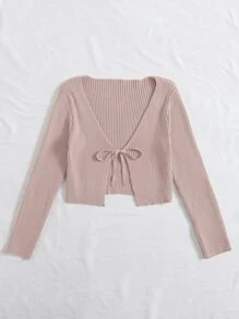 SHEIN Qutie Tie Front Rib-knit Cardigan - Baby Pink - View 3