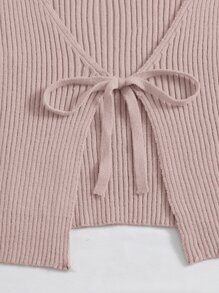 SHEIN Qutie Tie Front Rib-knit Cardigan - Baby Pink - View 4