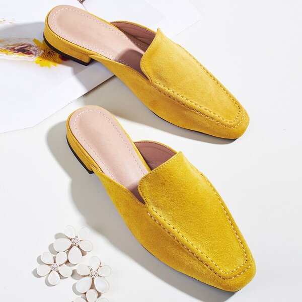 

Square Toe Stitch Trim Flat Mules, Yellow