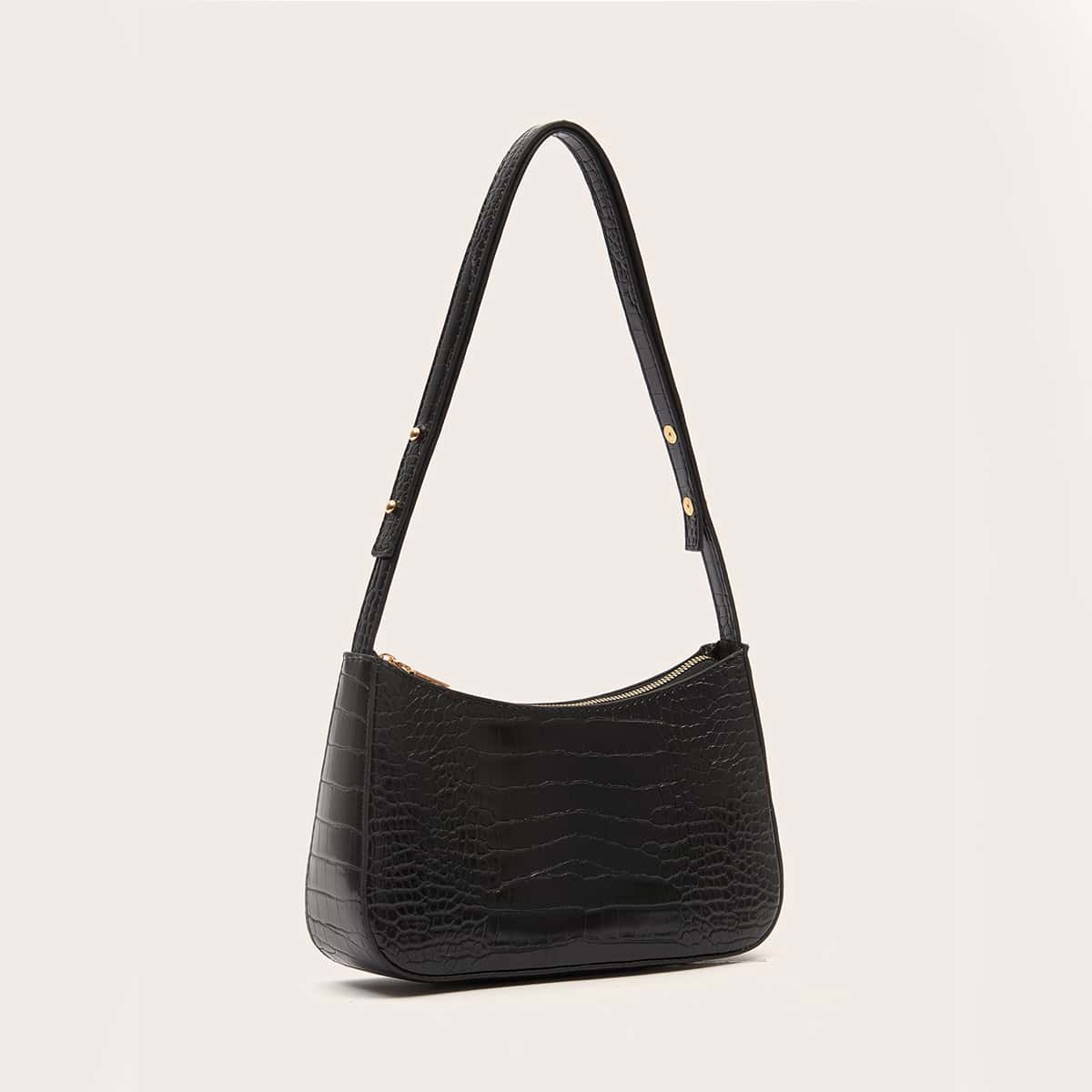 

Croc Embossed Baguette Bag, Black
