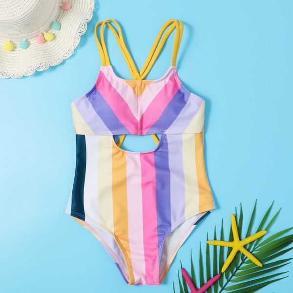

Girls Striped One Piece Swimsuit, Multicolor