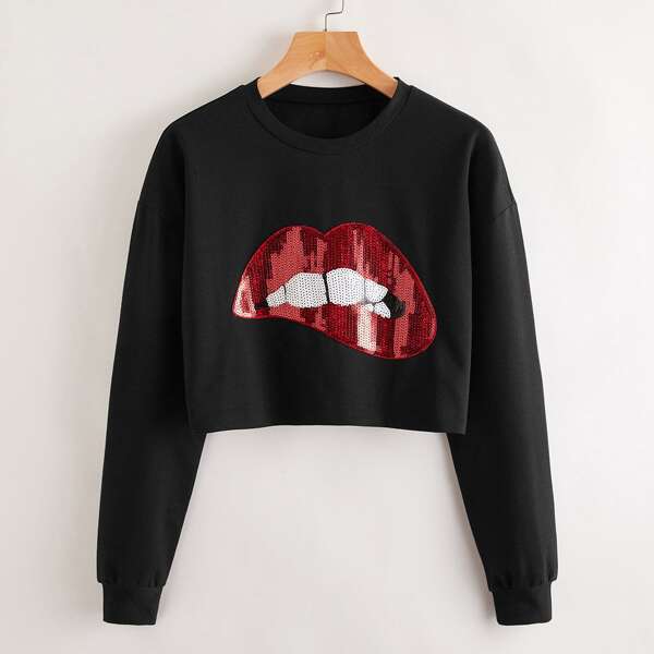 

Plus Sequin Mouth Detail Drop Shoulder Sweatshirt, Black