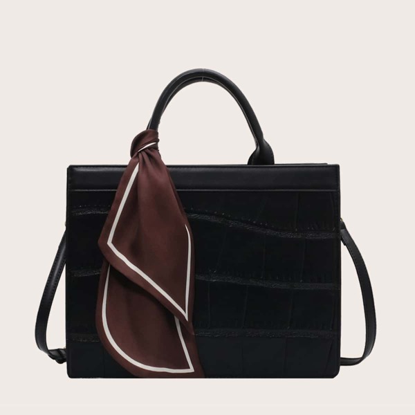

Twilly Scarf Decor Satchel Bag, Black
