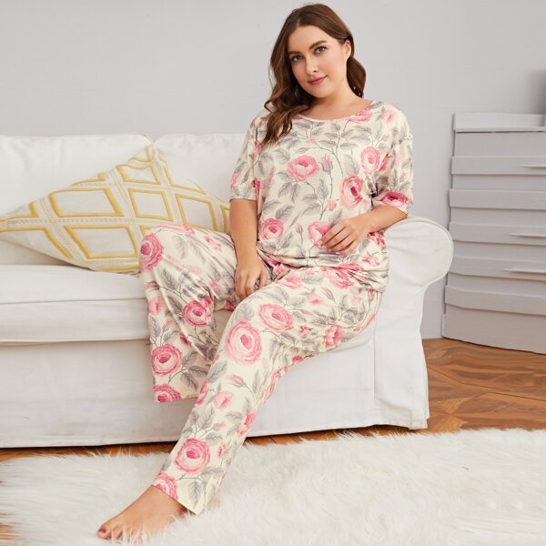 

Plus Allover Floral Print Pajama Set, Multicolor