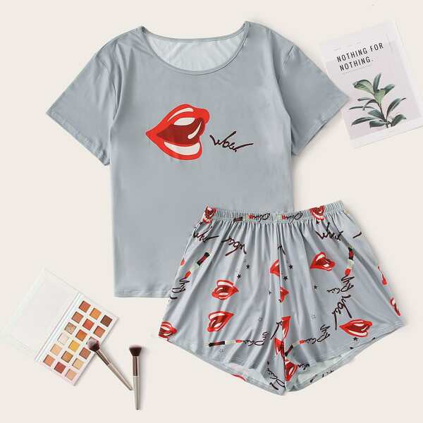 

Plus Mouth And Letter Graphic Pajama Set, Dusty blue