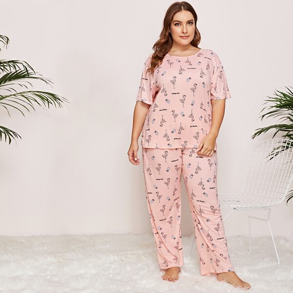 

Plus Flamingo And Pineapple Print Pajama Set, Baby pink