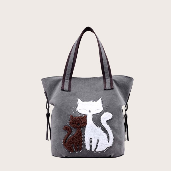 

Large Capacity Cartoon Decor Tote Bag, Grey