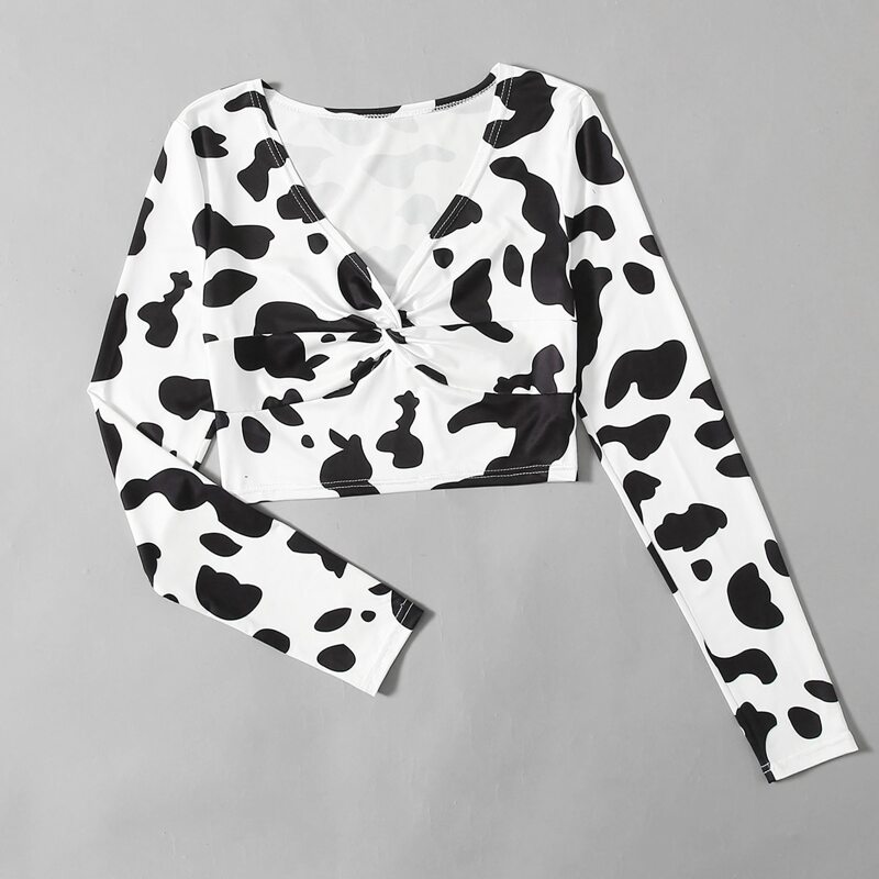 

Cow Print Twist Front Tee, Black and white