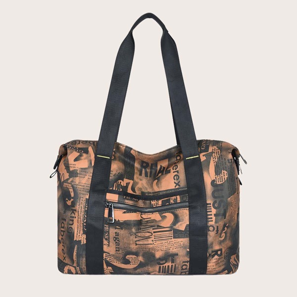 

Men Letter Graphic Zip Front Tote Bag, Brown