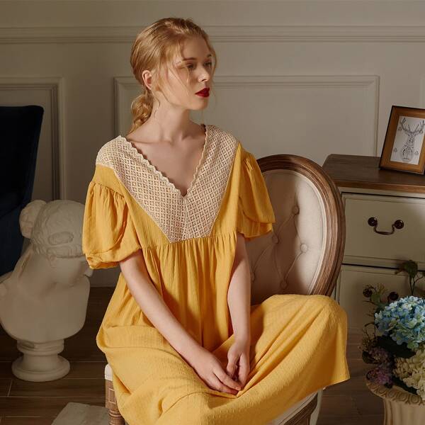 

Contrast Lace Criss Cross Back Night Dress, Yellow