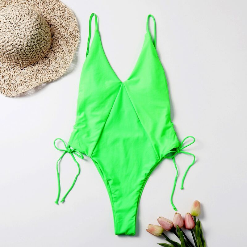 

Solid Drawstring Side One Piece Swimsuit, Green neon