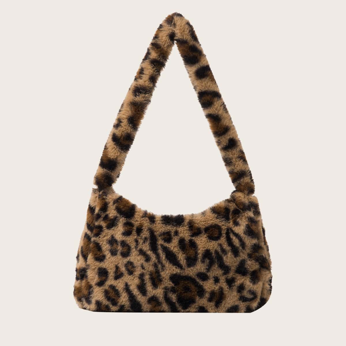 Fluffy Leopard Print Baguette Bag, Brown