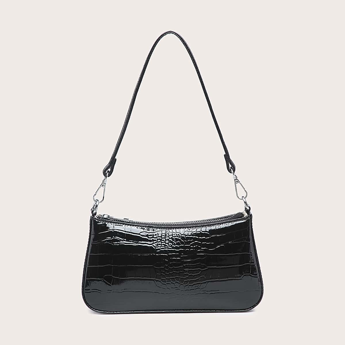

Croc Embossed Baguette Bag, Black