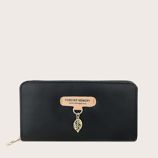 

Metal Leaf Charm Long Purse, Black