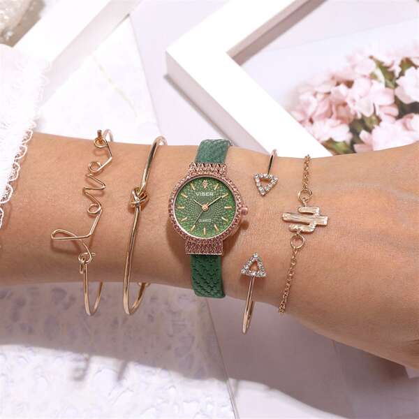 

1pc Rhinestone Decor Round Pointer Quartz Watch & 4pcs Bracelet