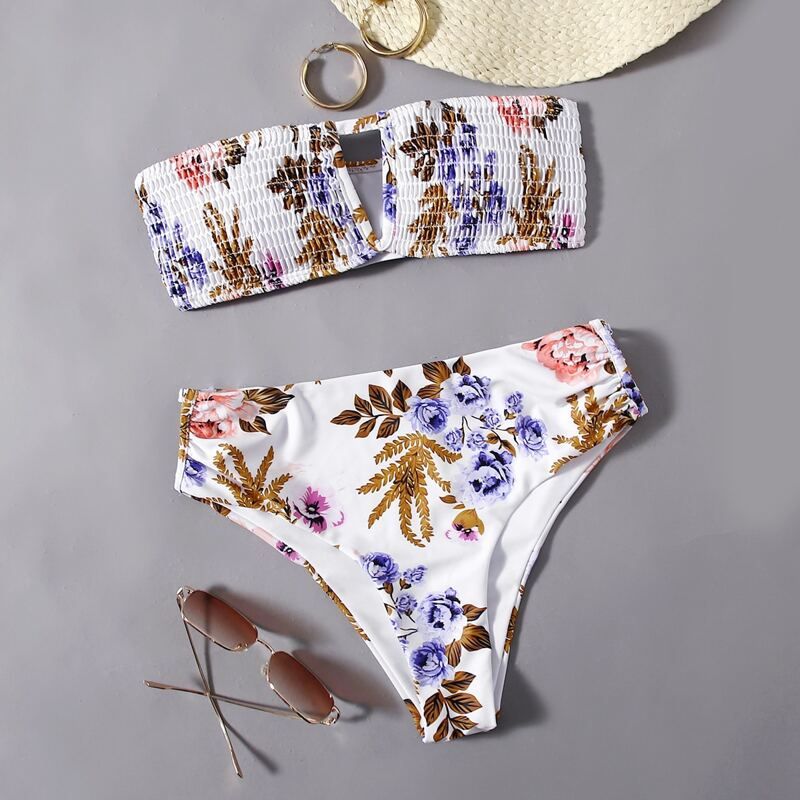 

Flower Shirred Cut Out Bikini Swimsuit, Multicolor