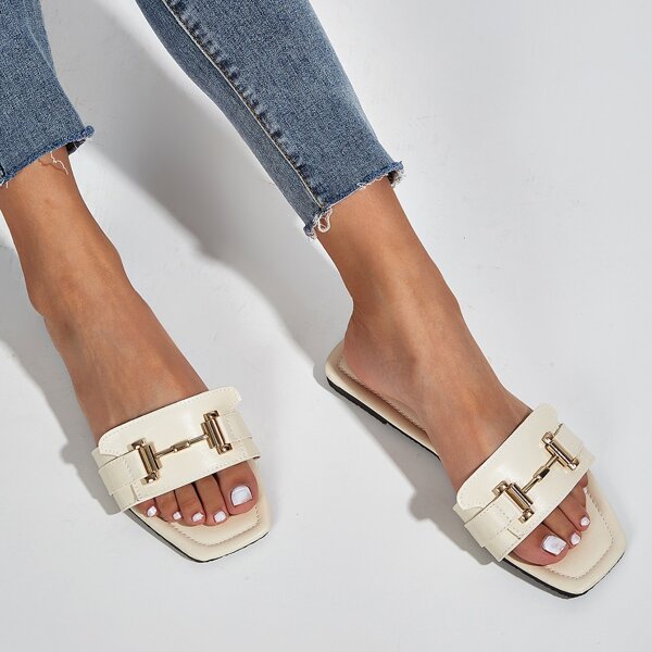 

Metal Decor Plain Slide Sandals, Beige