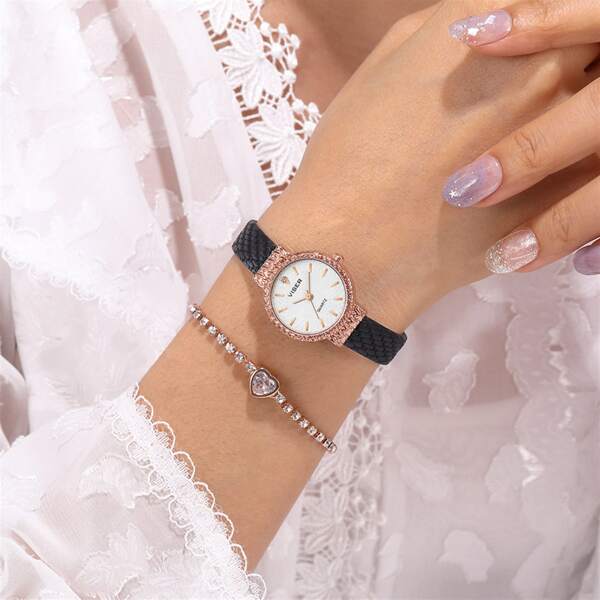 

1pc Rhinestone Decor Round Pointer Quartz Watch & 1pc Bracelet