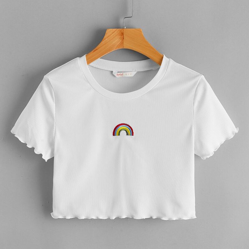 

Rainbow Embroidery Lettuce Trim Crop Tee, White