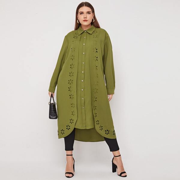 

Plus Laser Cut Out Longline Blouse, Army green