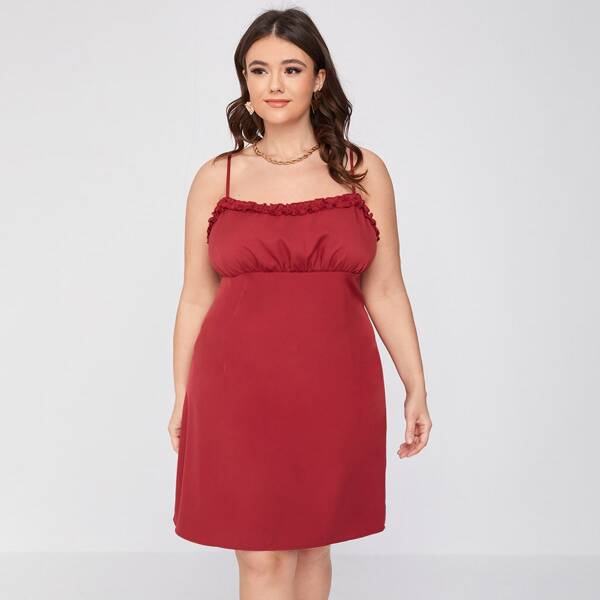 

Plus Frill Trim Solid Cami Dress, Red