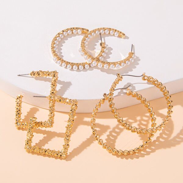 

3pairs Faux Pearl Decor Hoop Earrings, Gold