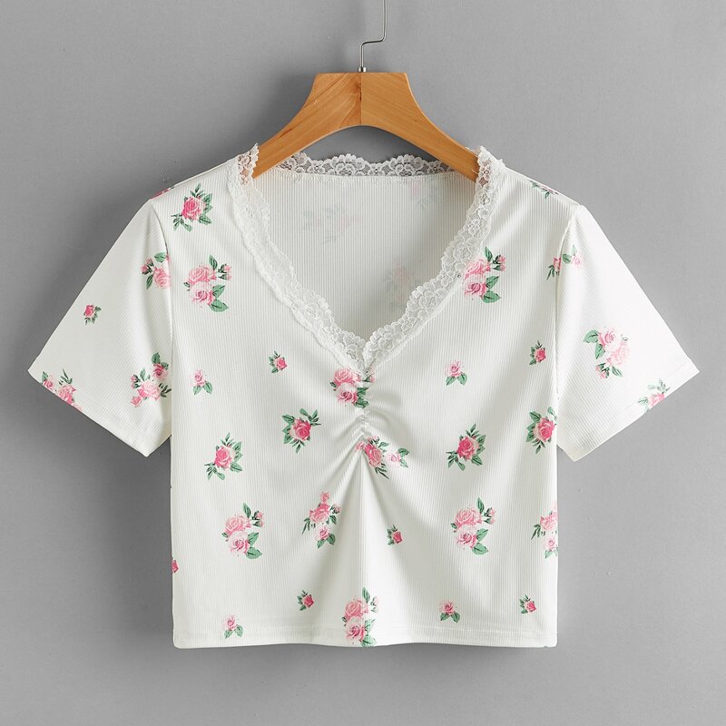 

Contrast Lace Rose Print Crop Tee, White