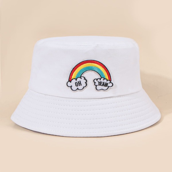 

Rainbow Striped Embroidery Bucket Hat, White