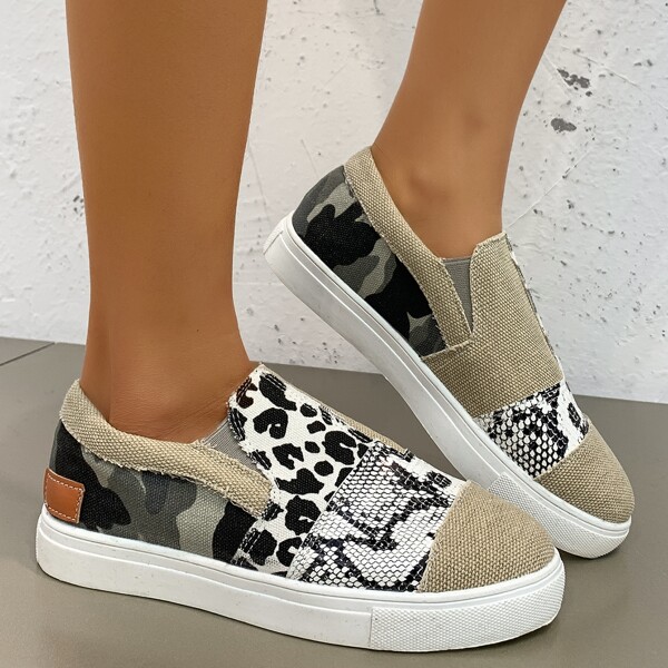 

Snakeskin & Camo Graphic Slip On Sneakers, Multicolor