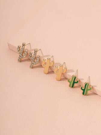 أقراط مسماري بتصميم صبار بحجر الراين 3 ازواج