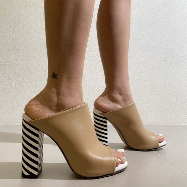 

Peep Toe Chunky Heeled Mules, Apricot