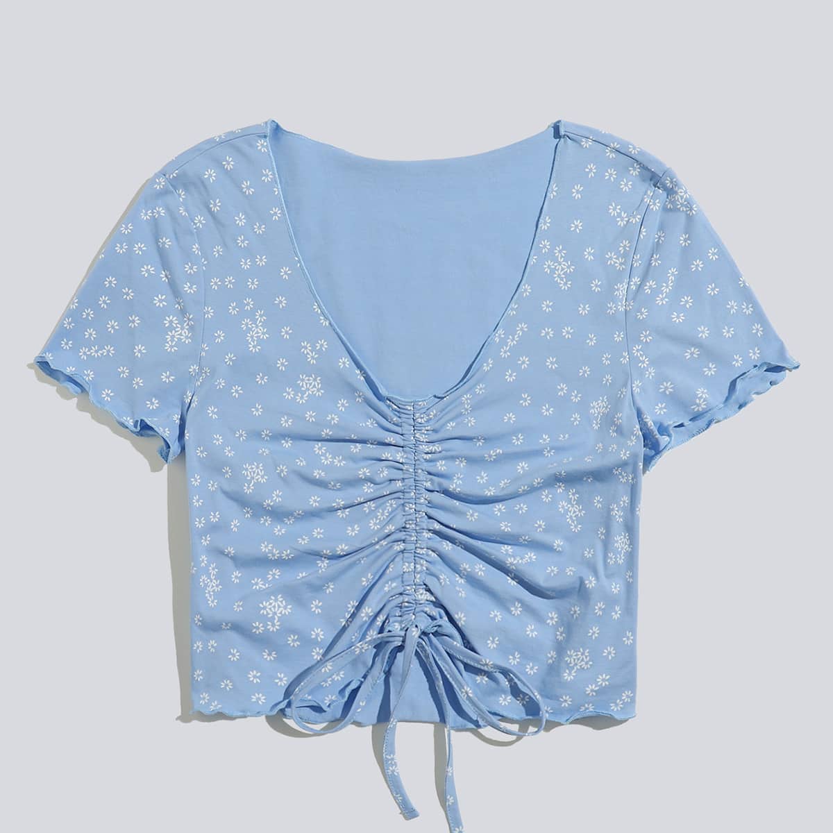 

Ditsy Flower Drawstring Lettuce Trim Crop Tee, Baby blue