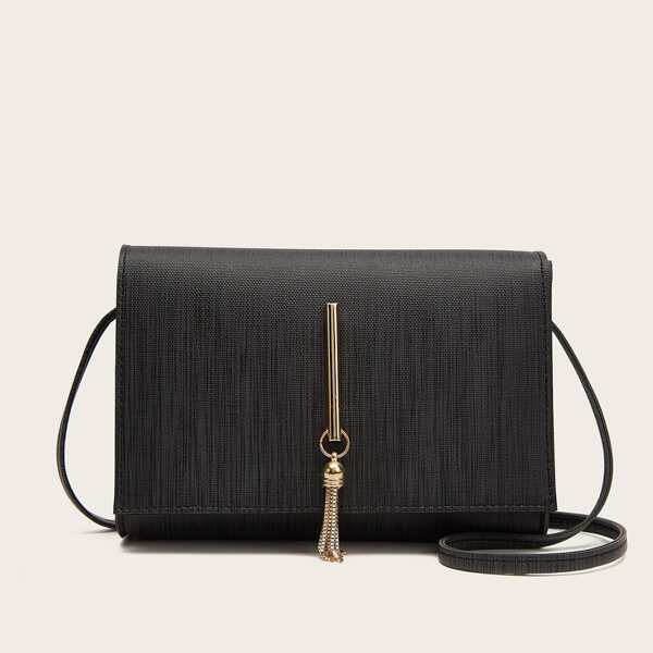

Tassel Decor Flap Crossbody Bag, Black