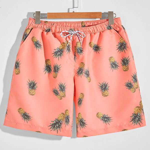 

Men Pineapple Print Drawstring Shorts, Coral pink