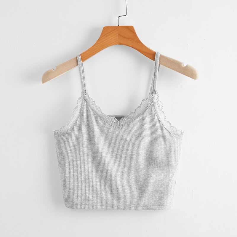 

Contrast Lace Crop Cami, Light grey