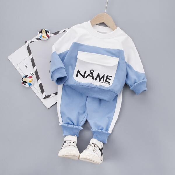 

Toddler Boys Letter Graphic Flap Pocket Sweatshirt With Joggers, Blue